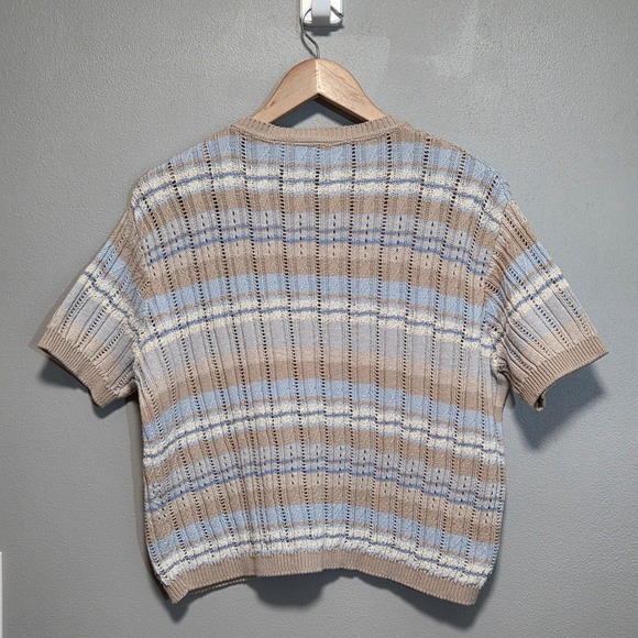 Vintage 90s Liz Claiborne Striped Knit Sweater Petite M Preppy Coastal Pastel - Picture 3 of 9
